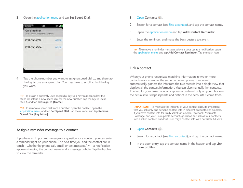 Assign a reminder message to a contact, Link a contact, Assign a | Reminder message to a contact | Palm Pixi Plus User Manual | Page 89 / 201