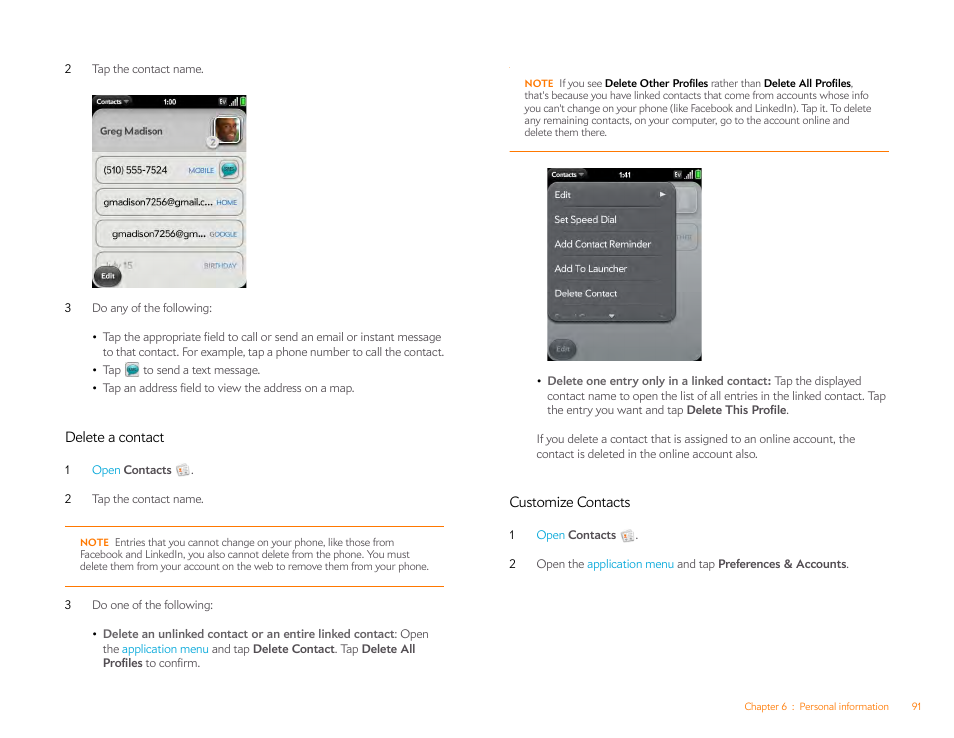 Delete a contact, Customize contacts, Customize | Contacts | Palm Pixi Plus User Manual | Page 91 / 201