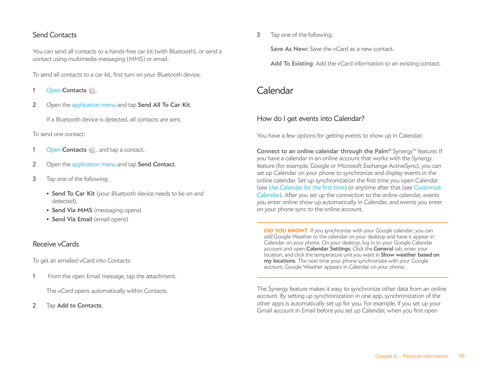 Send contacts, Receive vcards, Calendar | How do i get events into calendar, How do i get events into, Receive, Vcards | Palm Pixi Plus User Manual | Page 93 / 201