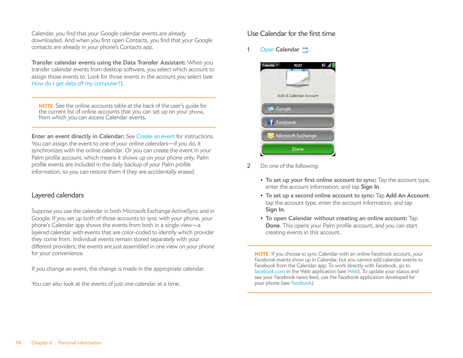 Layered calendars, Use calendar for the first time | Palm Pixi Plus User Manual | Page 94 / 201