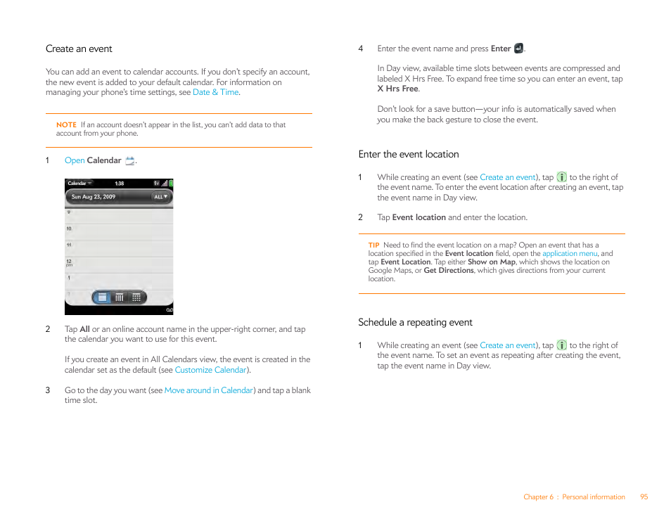 Create an event, Enter the event location, Schedule a repeating event | Palm Pixi Plus User Manual | Page 95 / 201