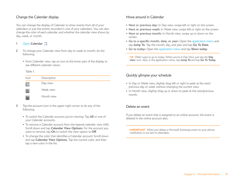 Change the calendar display, Move around in calendar, Quickly glimpse your schedule | Delete an event | Palm Pixi Plus User Manual | Page 97 / 201