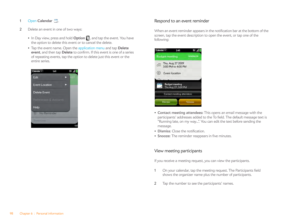 Respond to an event reminder, View meeting participants | Palm Pixi Plus User Manual | Page 98 / 201