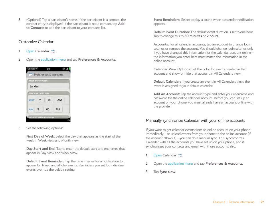 Customize calendar, Customize, Calendar | Palm Pixi Plus User Manual | Page 99 / 201