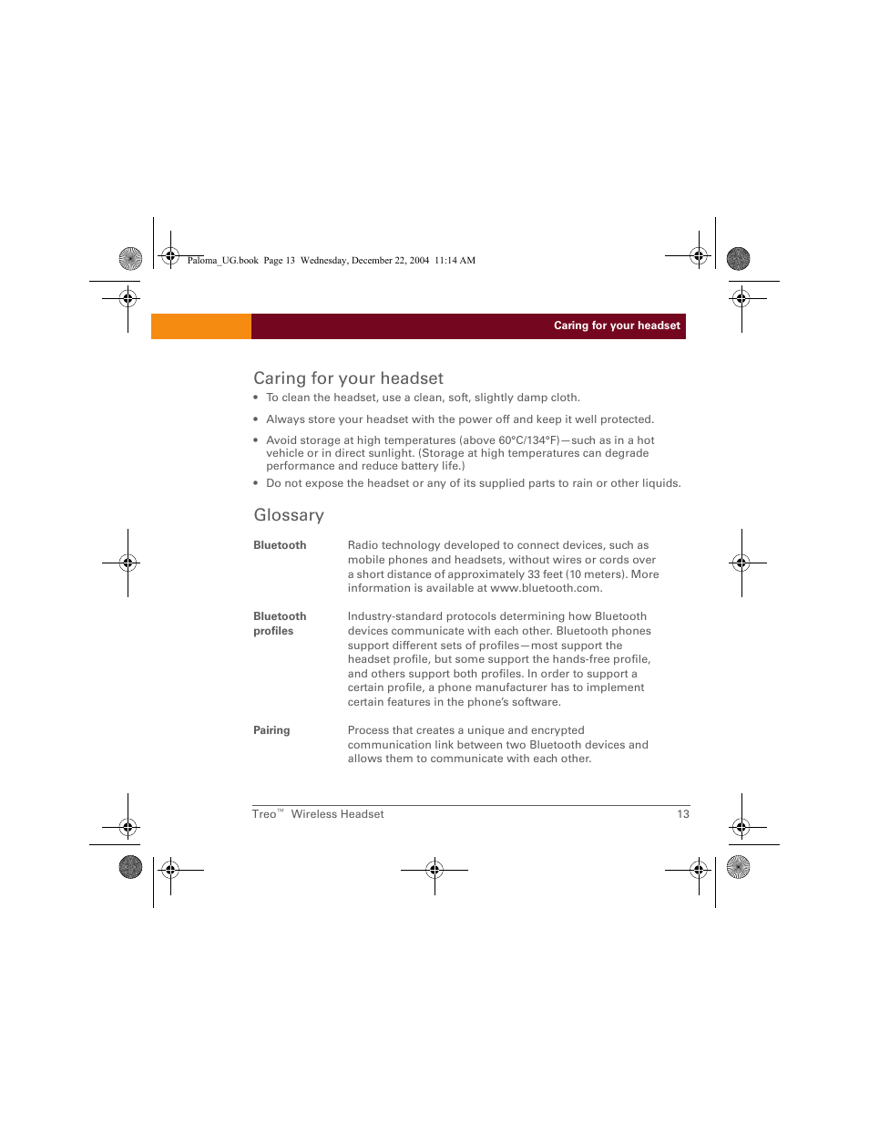 Caring for your headset, Glossary | Palm TreoTM User Manual | Page 13 / 19