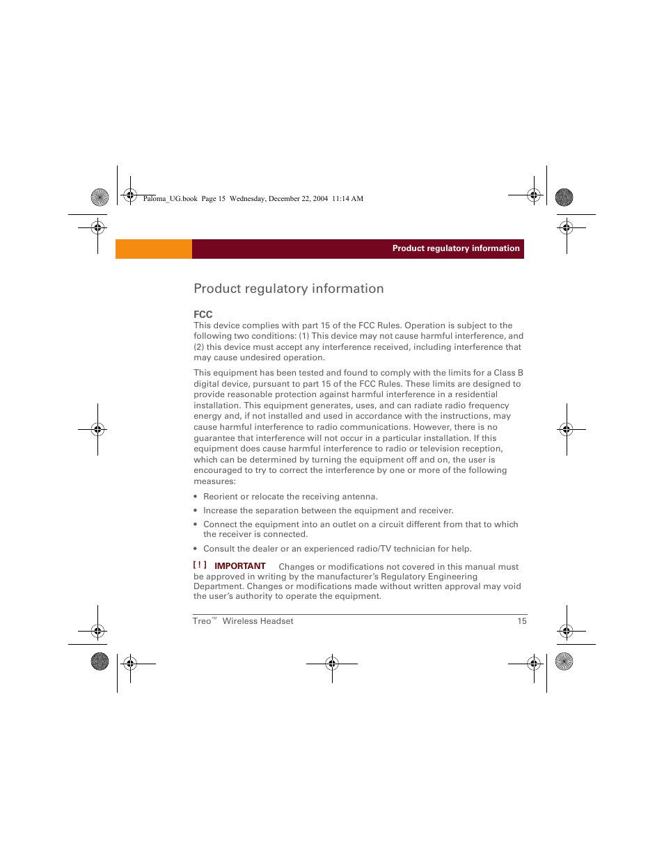 Product regulatory information | Palm TreoTM User Manual | Page 15 / 19