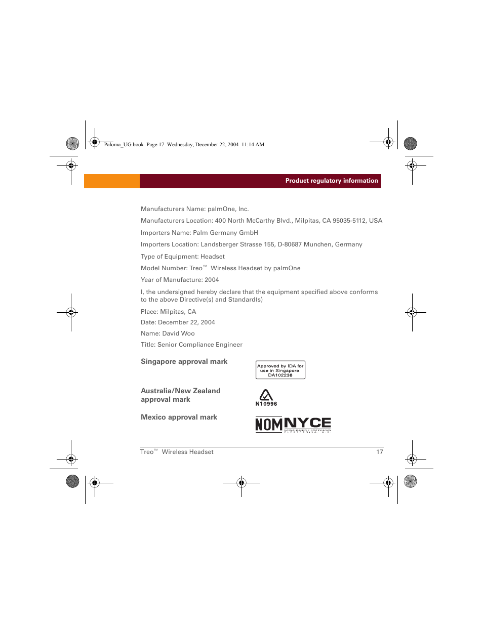 Palm TreoTM User Manual | Page 17 / 19