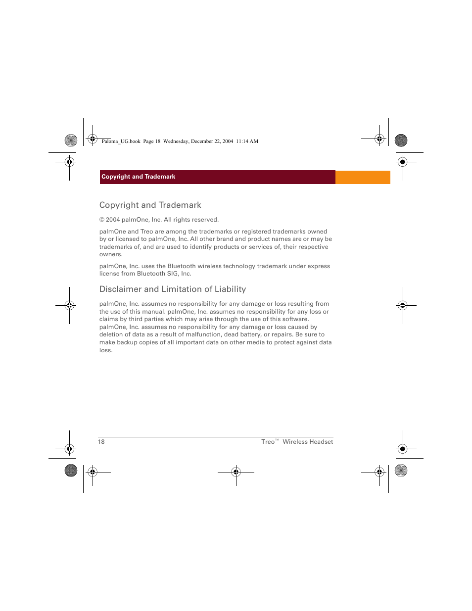 Copyright and trademark, Disclaimer and limitation of liability | Palm TreoTM User Manual | Page 18 / 19