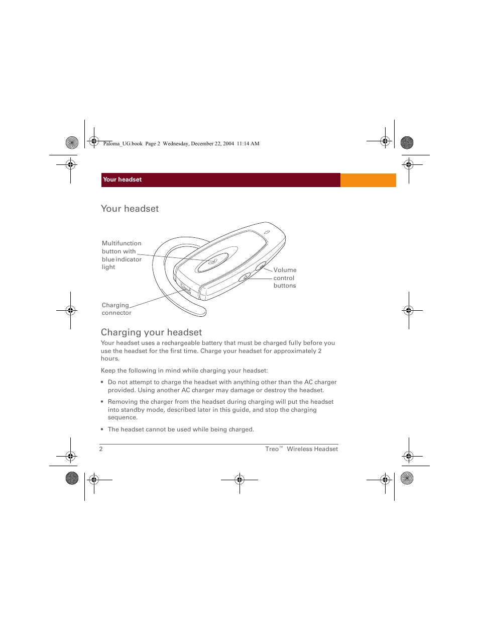 Your headset charging your headset | Palm TreoTM User Manual | Page 2 / 19