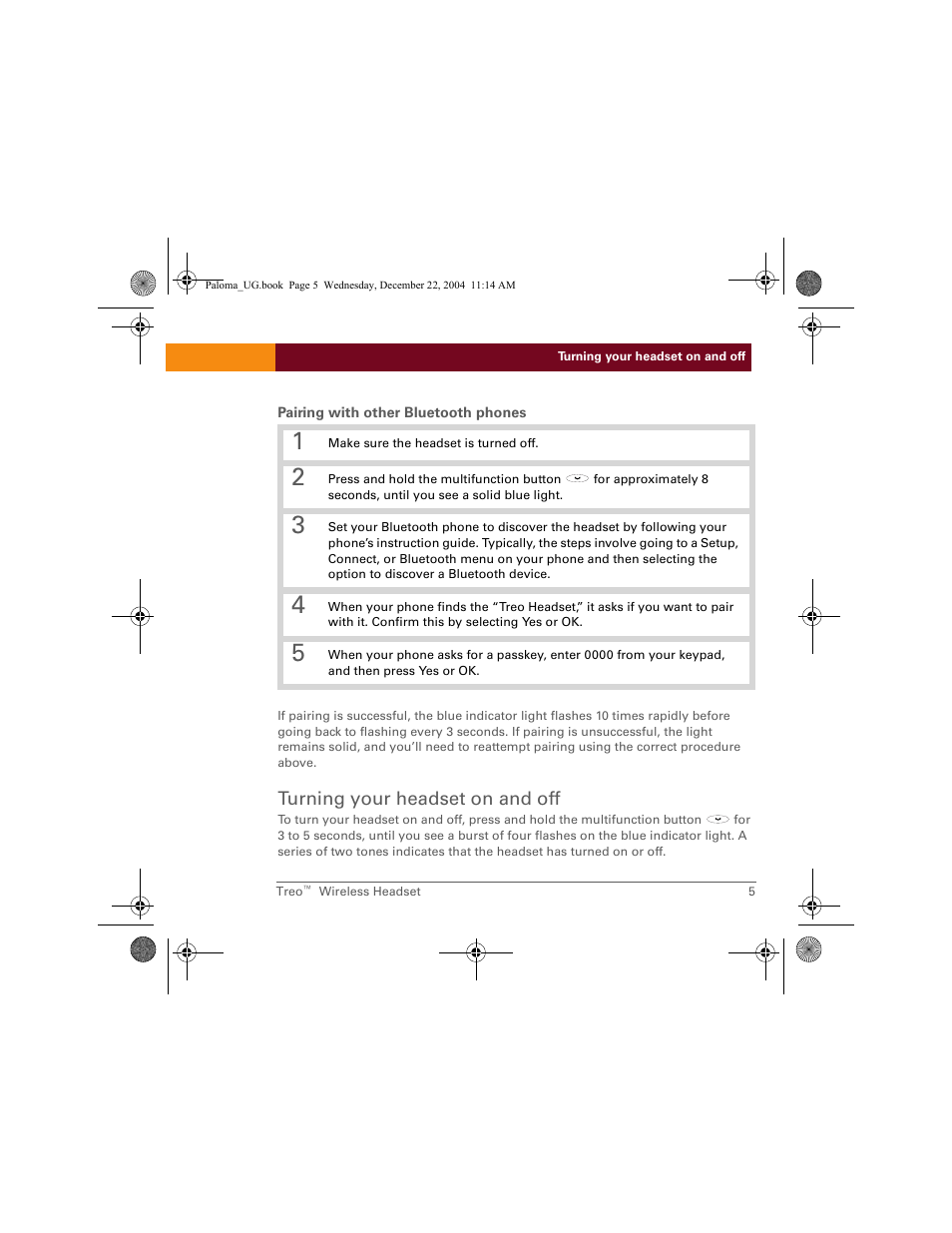 Turning your headset on and off | Palm TreoTM User Manual | Page 5 / 19