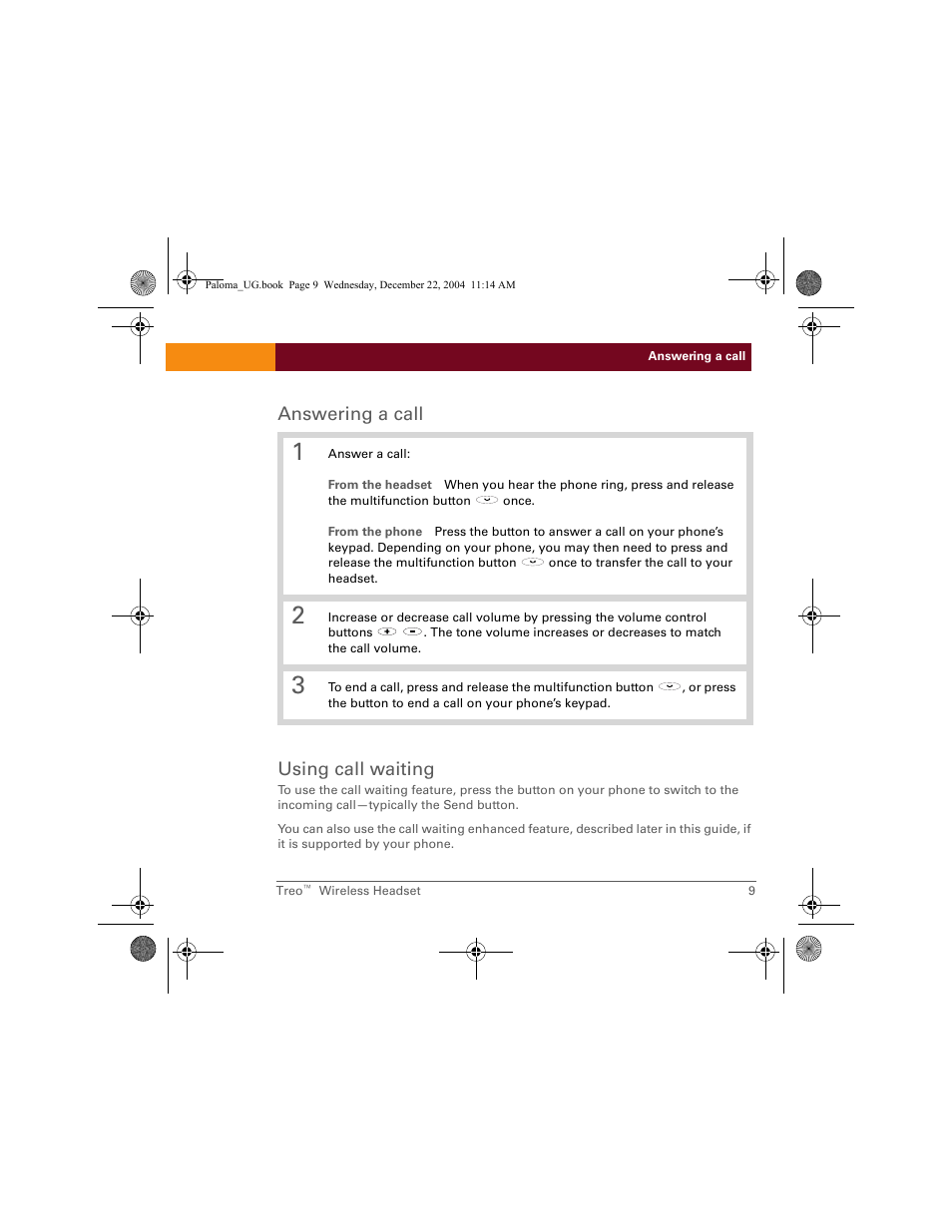 Answering a call, Using call waiting | Palm TreoTM User Manual | Page 9 / 19