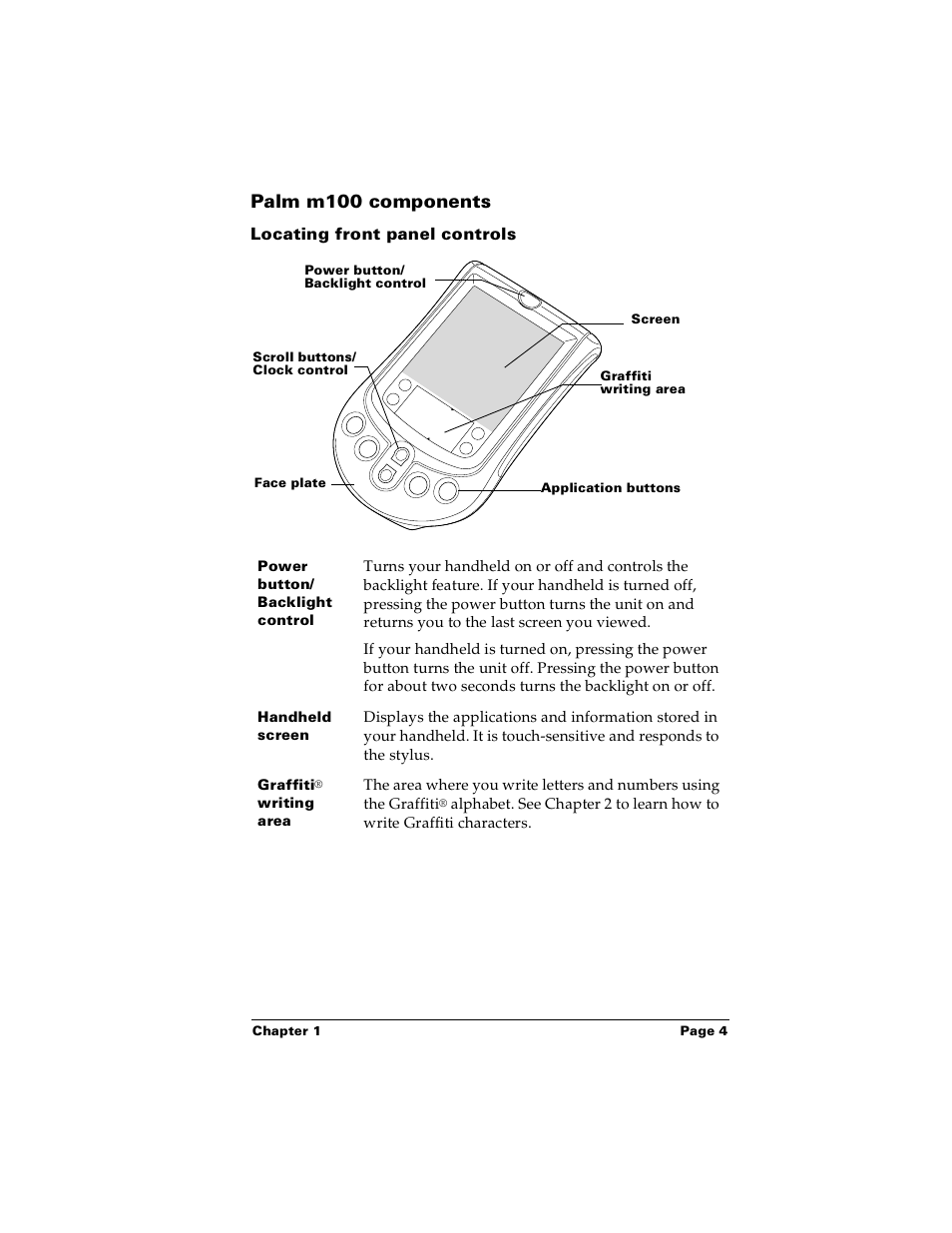 Palm m100 components, Locating front panel controls | Palm m100 User Manual | Page 10 / 212