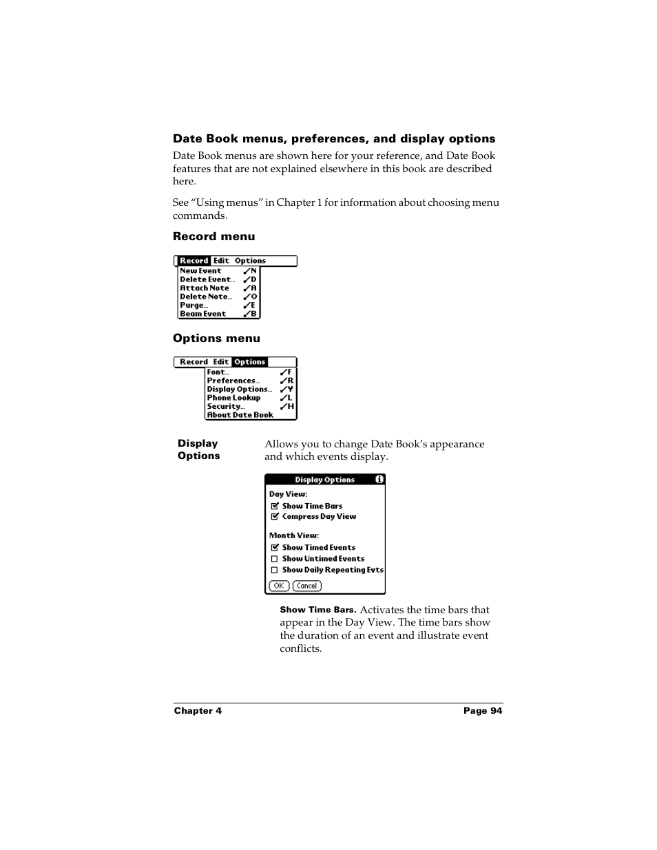 Date book menus, preferences, and display options, Record menu, Options menu | Palm m100 User Manual | Page 100 / 212