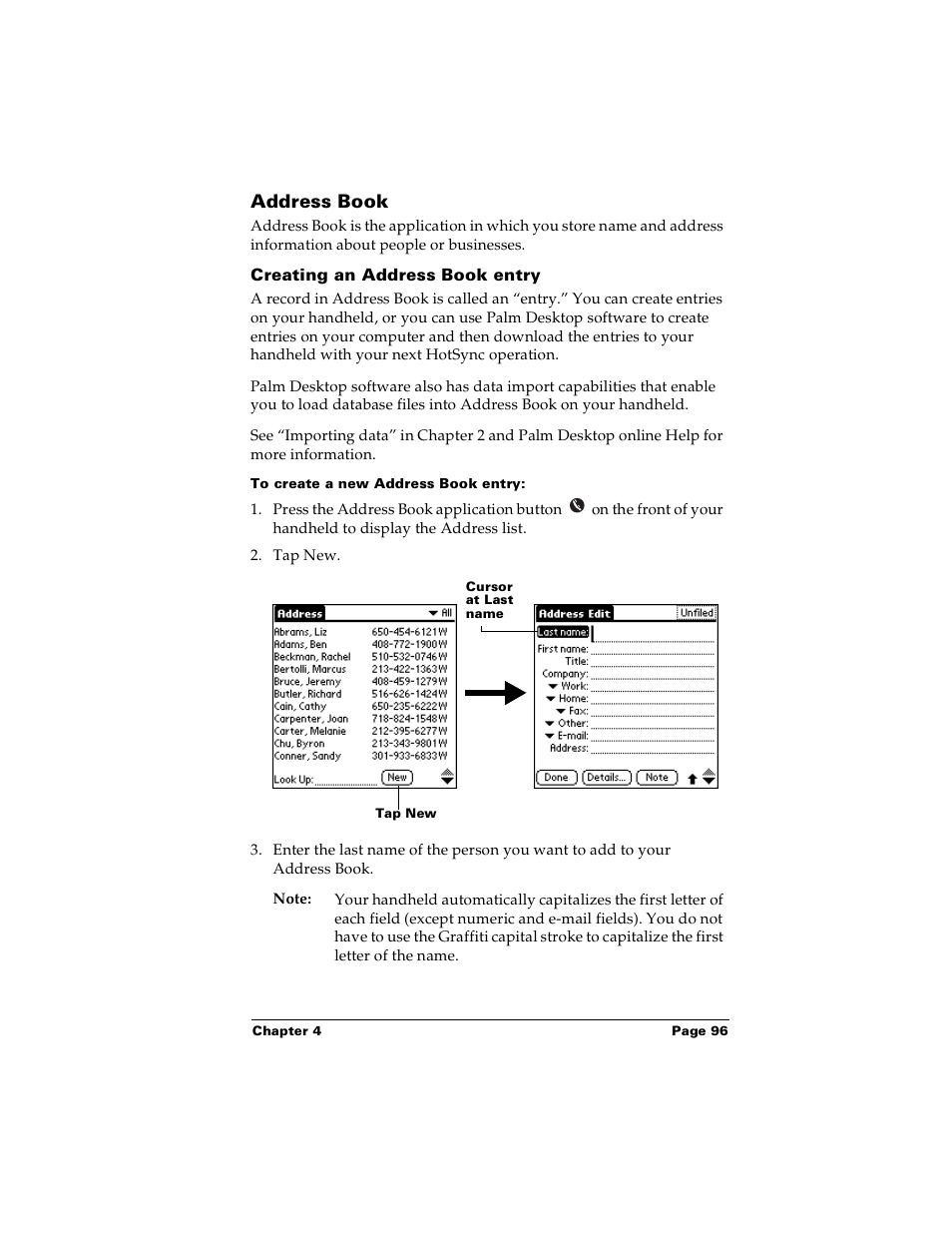 Address book, Creating an address book entry, To create a new address book entry | Palm m100 User Manual | Page 102 / 212