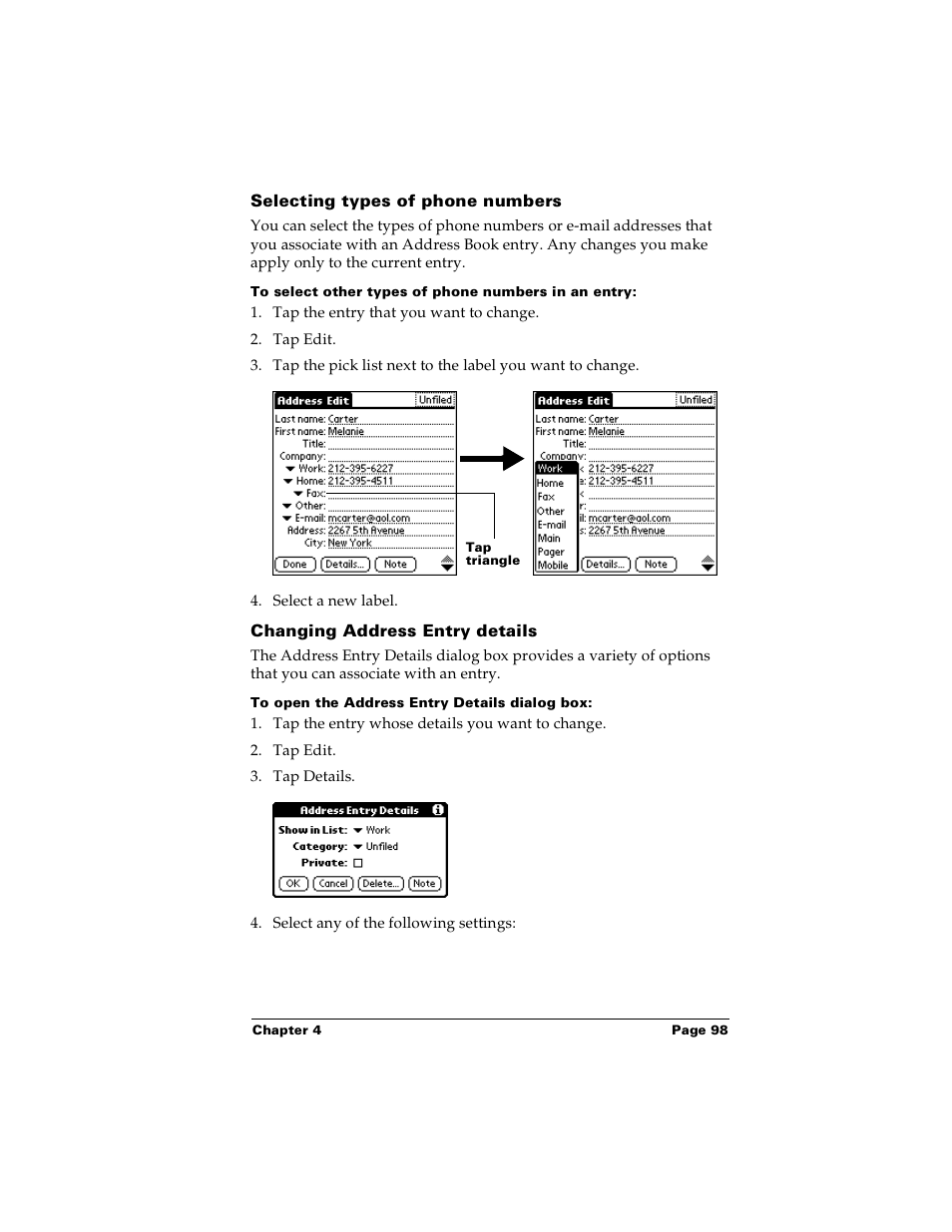 Selecting types of phone numbers, To select other types of phone numbers in an entry, Changing address entry details | To open the address entry details dialog box | Palm m100 User Manual | Page 104 / 212