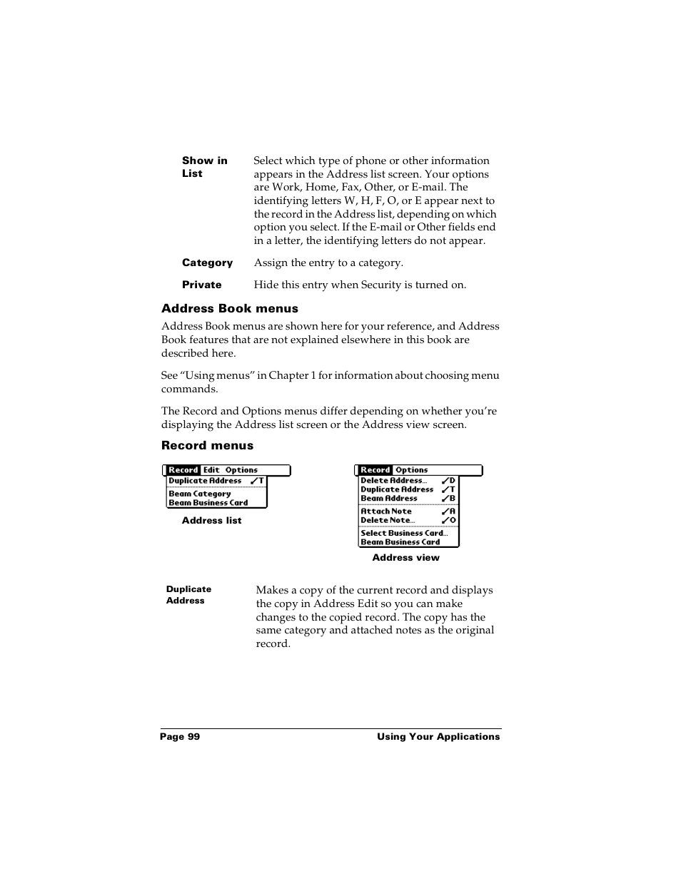 Address book menus, Record menus | Palm m100 User Manual | Page 105 / 212