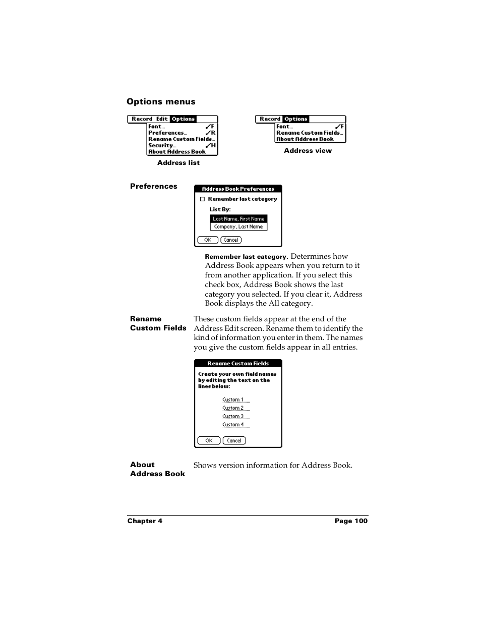 Options menus | Palm m100 User Manual | Page 106 / 212