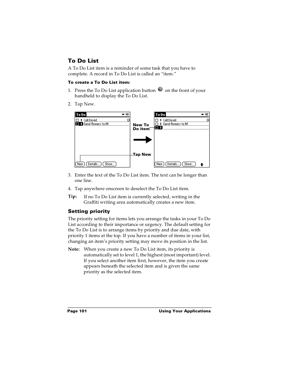 To do list, To create a to do list item, Setting priority | Palm m100 User Manual | Page 107 / 212