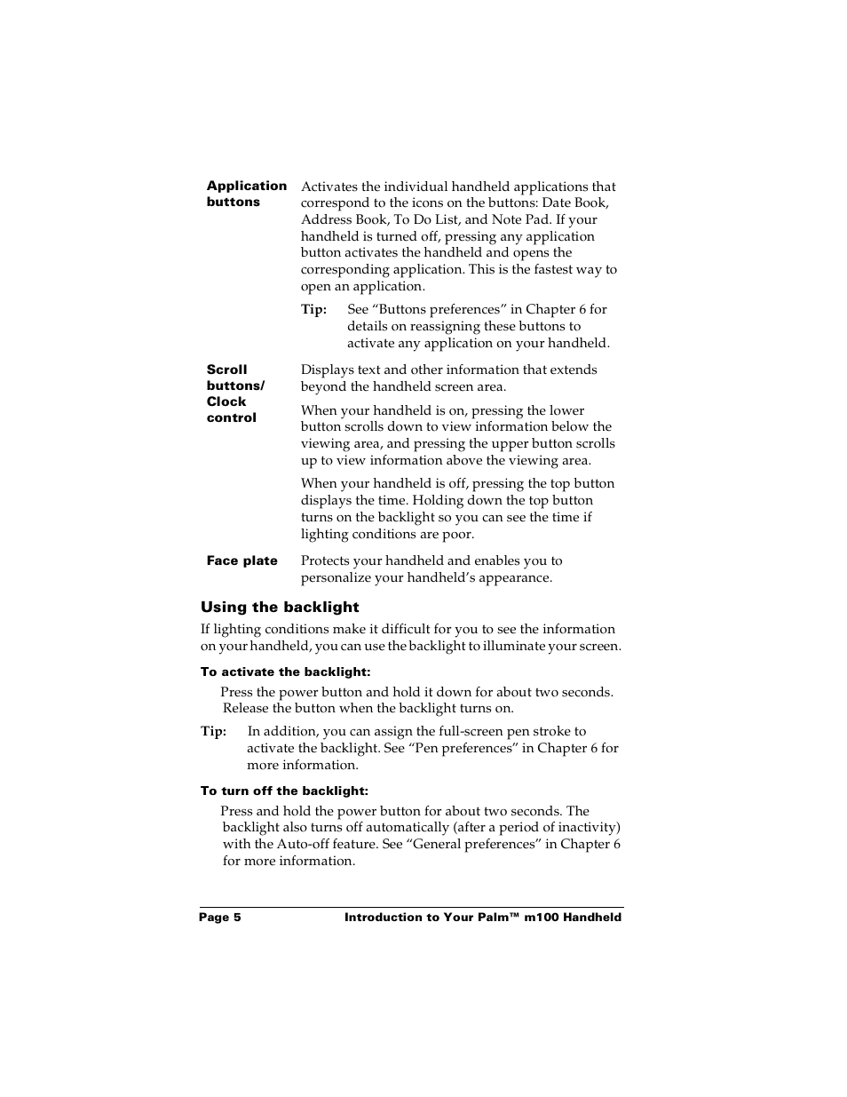 Using the backlight, To activate the backlight, To turn off the backlight | Palm m100 User Manual | Page 11 / 212