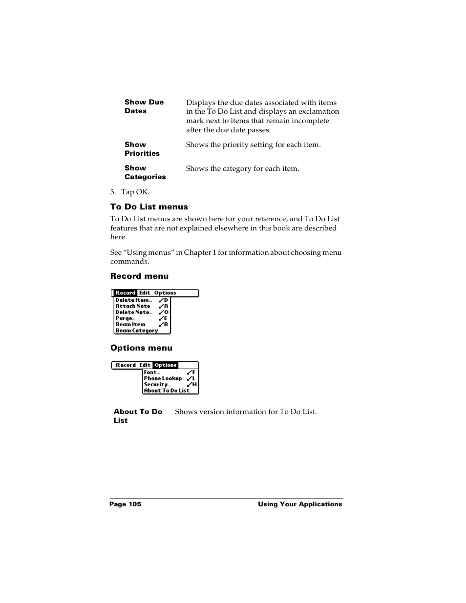 To do list menus, Record menu, Options menu | Palm m100 User Manual | Page 111 / 212