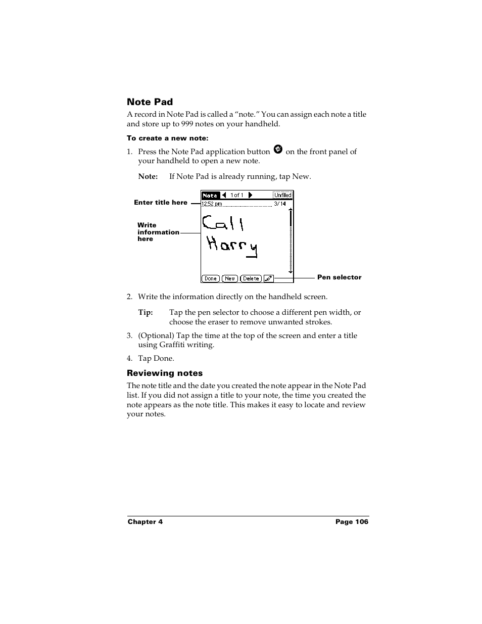 Note pad, To create a new note, Reviewing notes | Palm m100 User Manual | Page 112 / 212