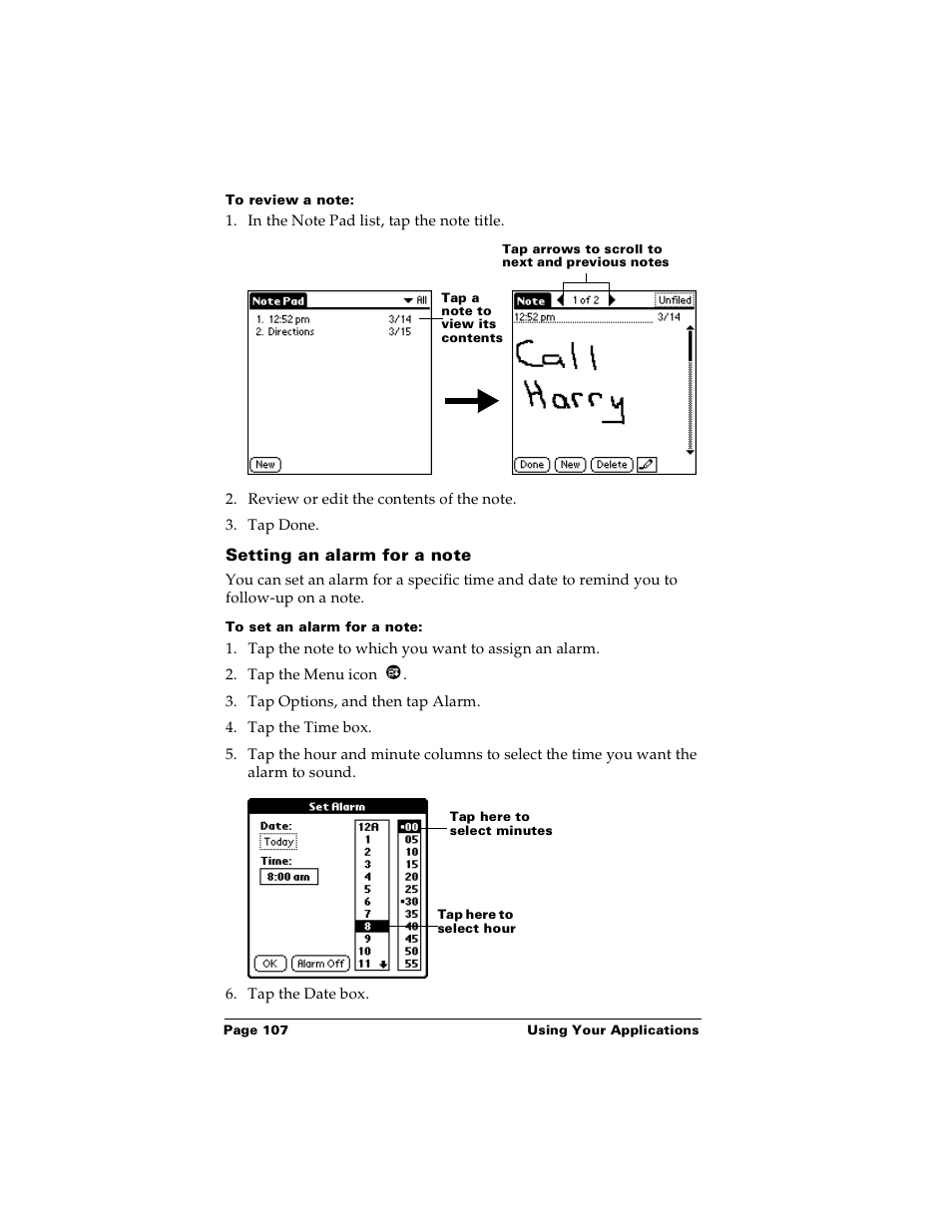 To review a note, Setting an alarm for a note, To set an alarm for a note | Palm m100 User Manual | Page 113 / 212