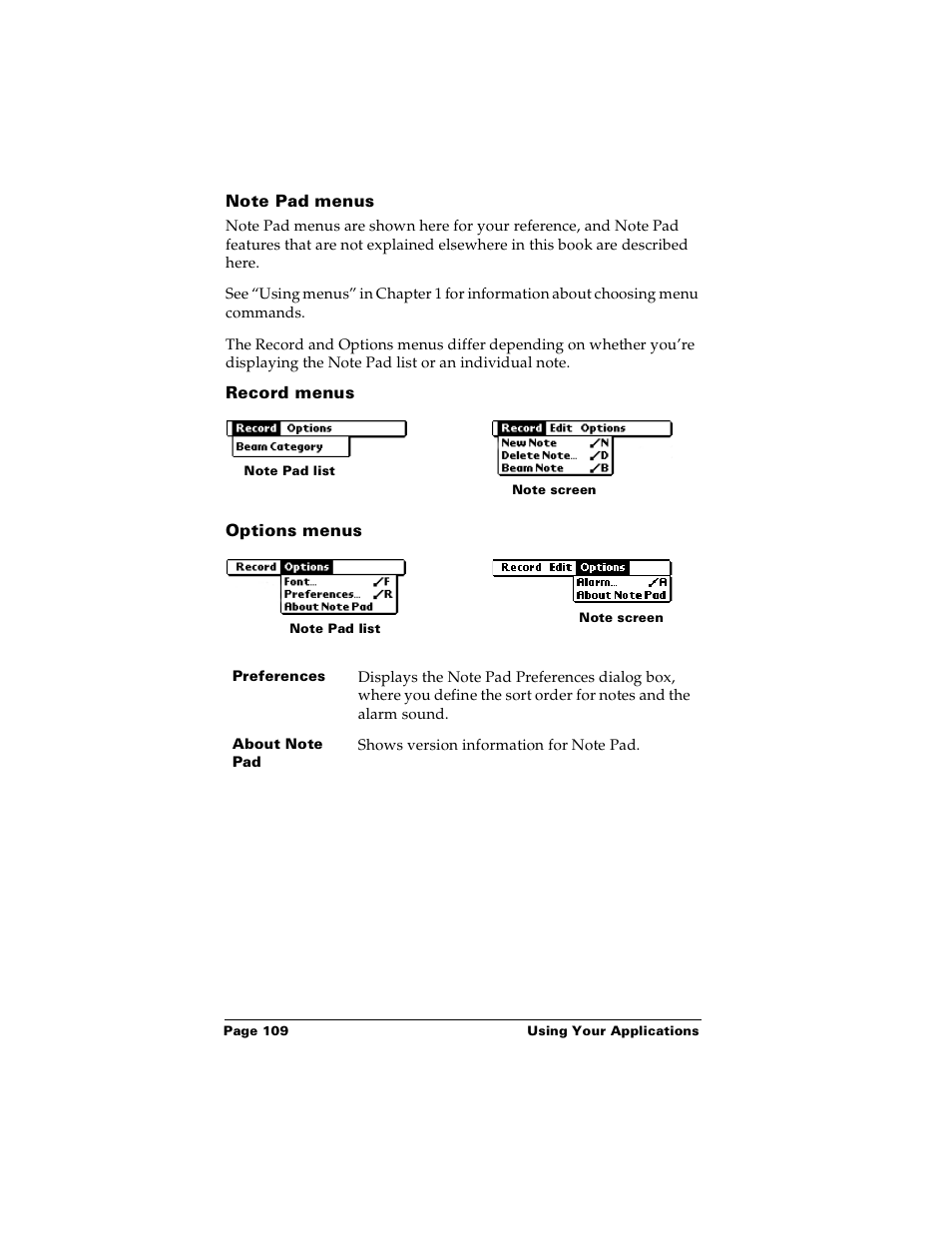 Note pad menus, Record menus, Options menus | Palm m100 User Manual | Page 115 / 212