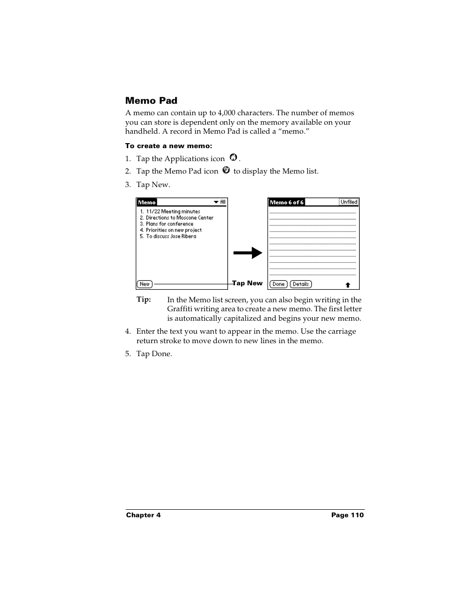 Memo pad, To create a new memo | Palm m100 User Manual | Page 116 / 212