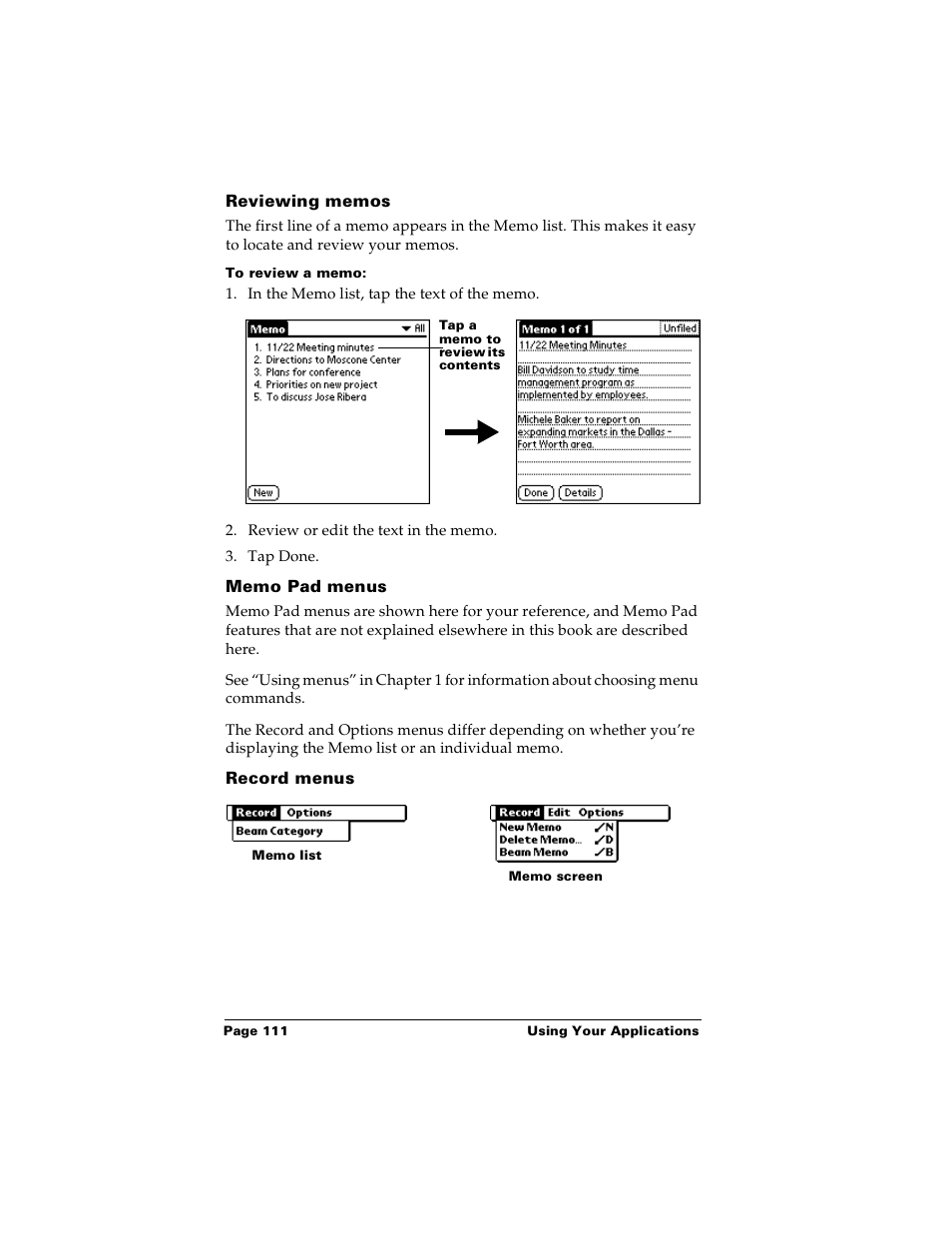 Reviewing memos, To review a memo, Memo pad menus | Record menus | Palm m100 User Manual | Page 117 / 212