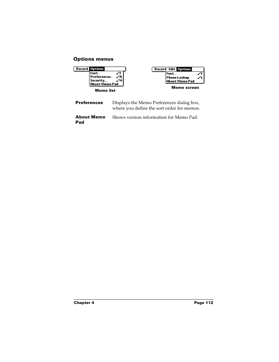 Options menus | Palm m100 User Manual | Page 118 / 212