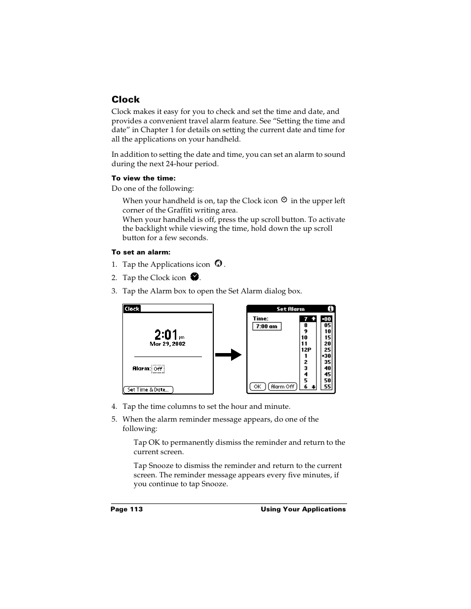 Clock, To view the time, To set an alarm | Palm m100 User Manual | Page 119 / 212