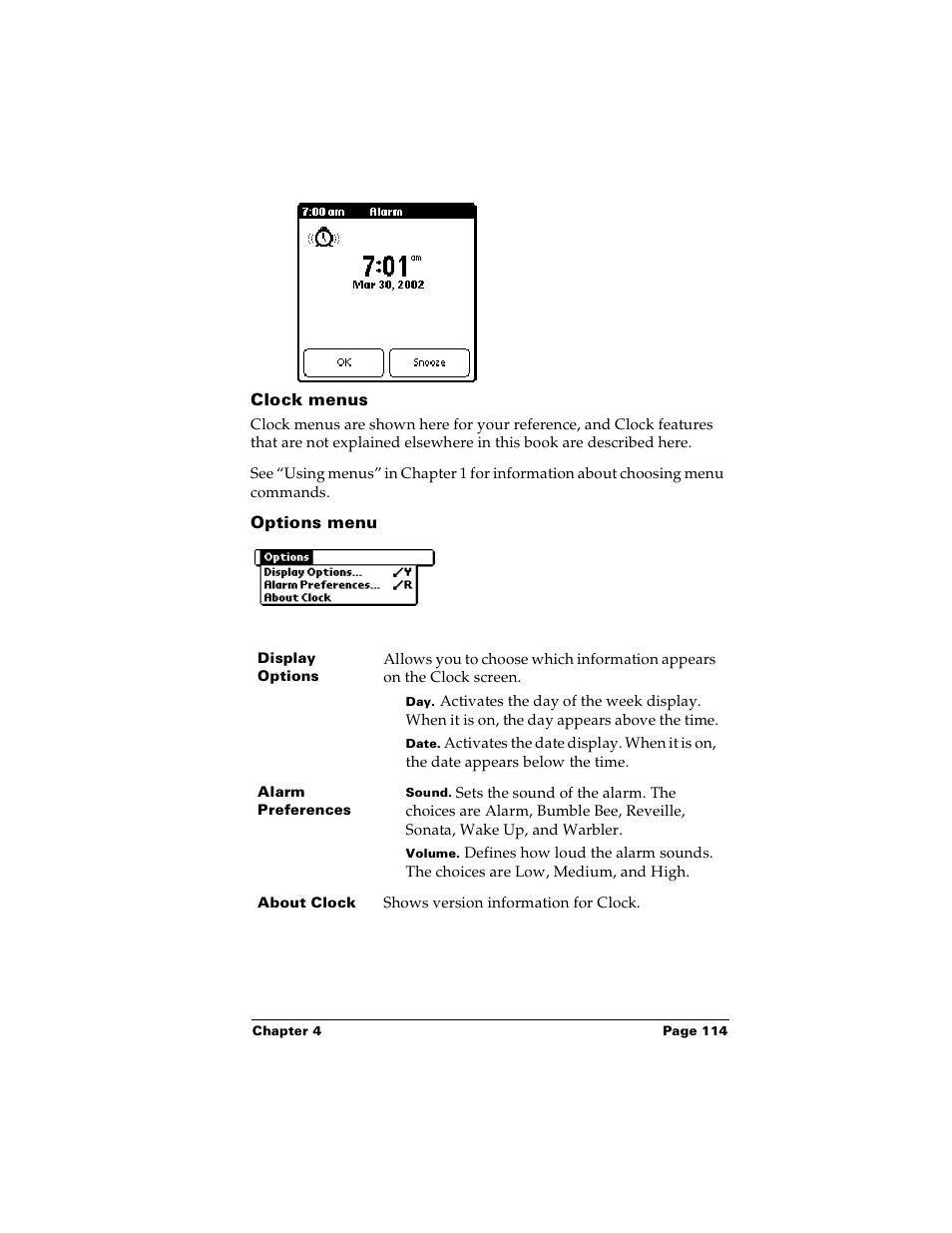 Clock menus, Options menu | Palm m100 User Manual | Page 120 / 212