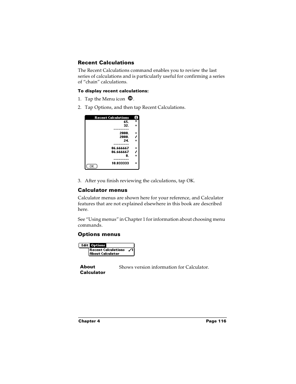 Recent calculations, To display recent calculations, Calculator menus | Options menus | Palm m100 User Manual | Page 122 / 212