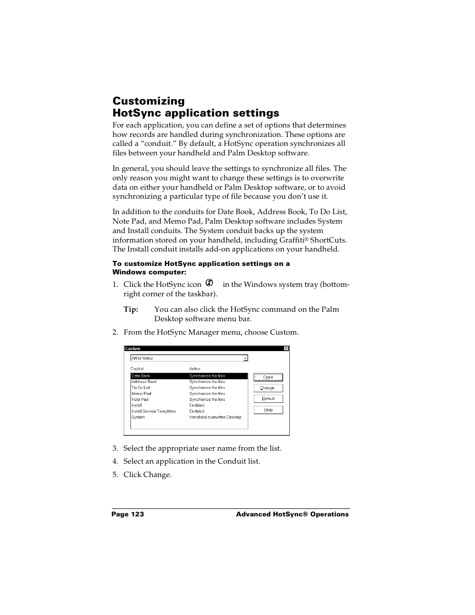 Customizing hotsync application settings | Palm m100 User Manual | Page 129 / 212