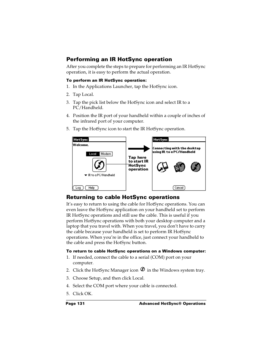 Performing an ir hotsync operation, To perform an ir hotsync operation, Returning to cable hotsync operations | Palm m100 User Manual | Page 137 / 212