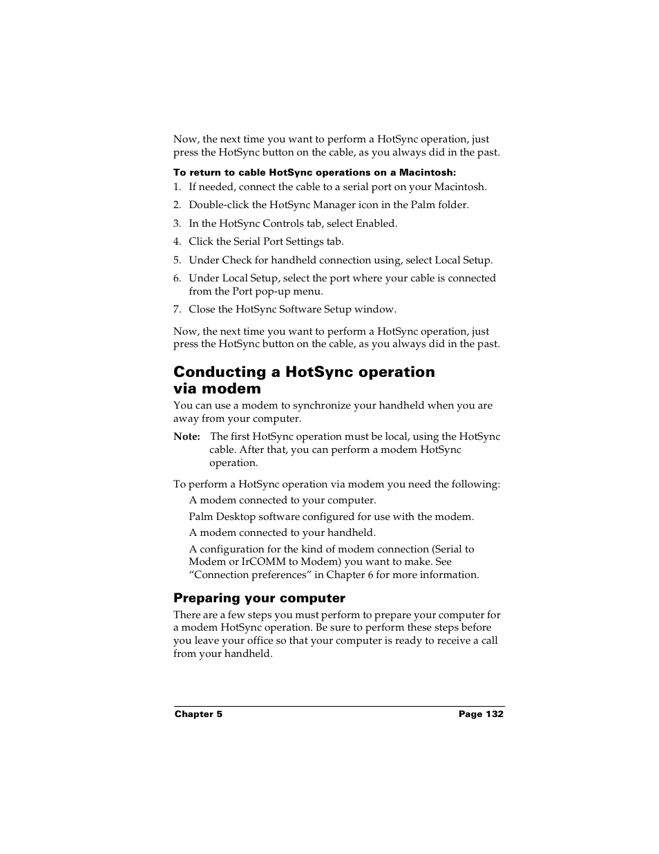 Conducting a hotsync operation via modem, Preparing your computer | Palm m100 User Manual | Page 138 / 212