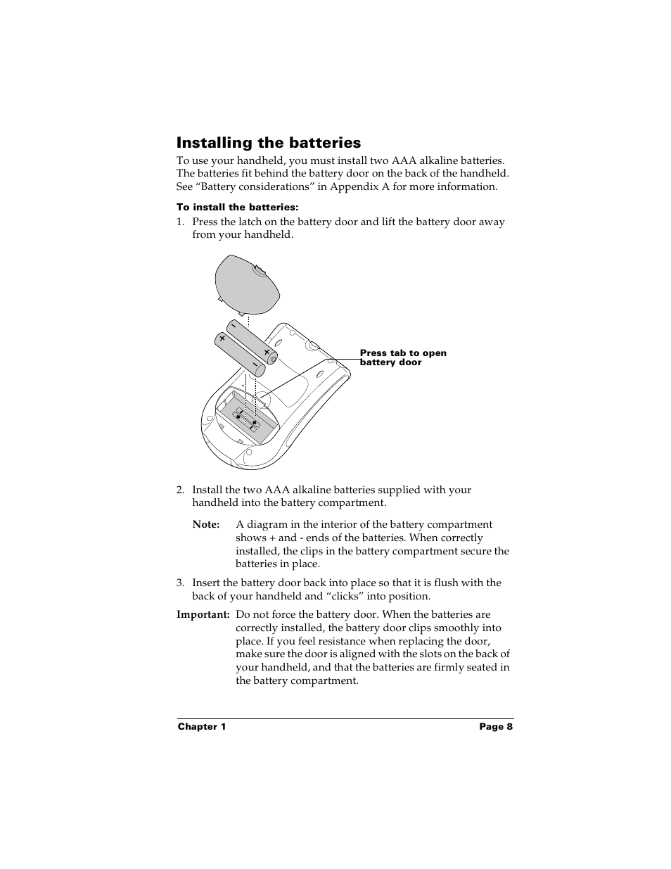 Installing the batteries, To install the batteries | Palm m100 User Manual | Page 14 / 212