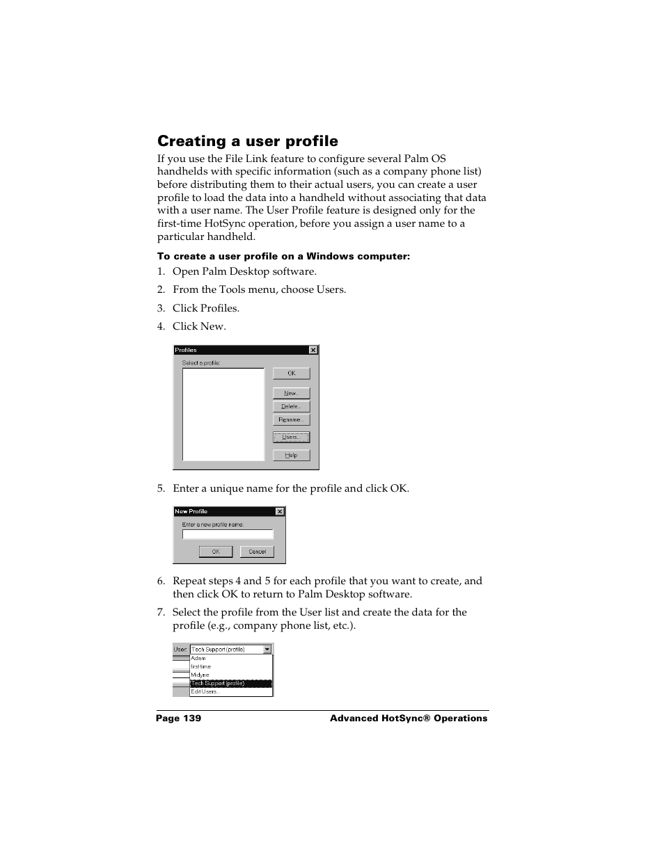 Creating a user profile, To create a user profile on a windows computer, E. see “creating a user profile” in chapter 5 befo | Palm m100 User Manual | Page 145 / 212