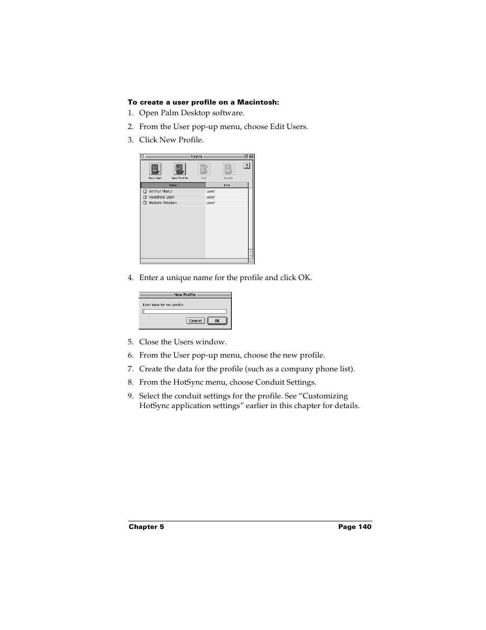 To create a user profile on a macintosh | Palm m100 User Manual | Page 146 / 212