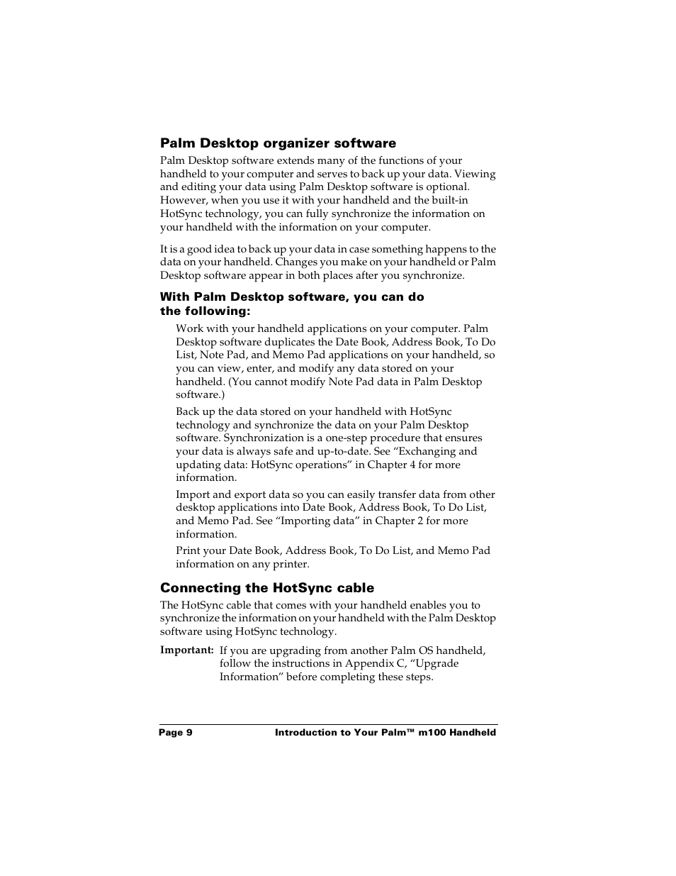 Palm desktop organizer software, Connecting the hotsync cable | Palm m100 User Manual | Page 15 / 212