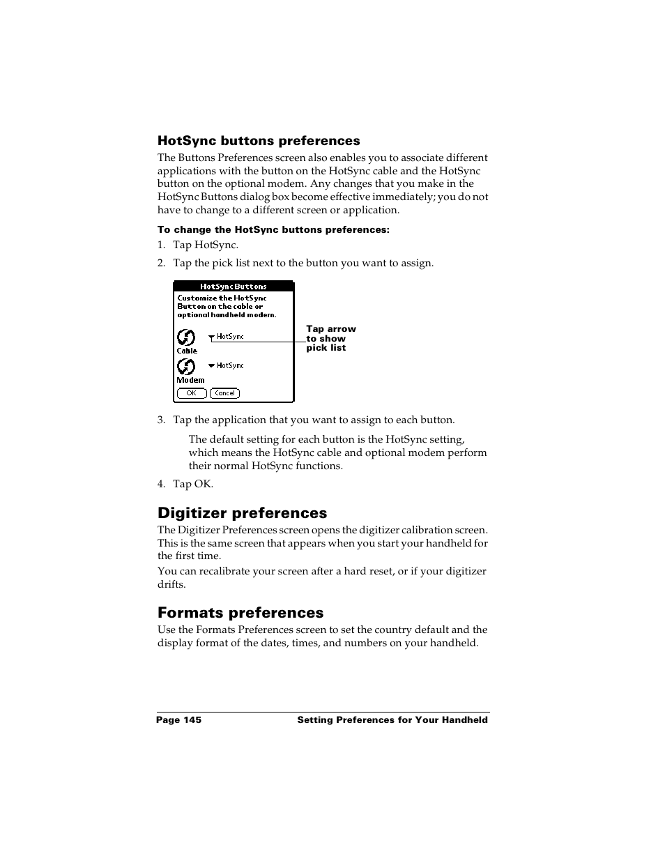 Hotsync buttons preferences, To change the hotsync buttons preferences, Digitizer preferences | Formats preferences, Digitizer preferences formats preferences | Palm m100 User Manual | Page 151 / 212