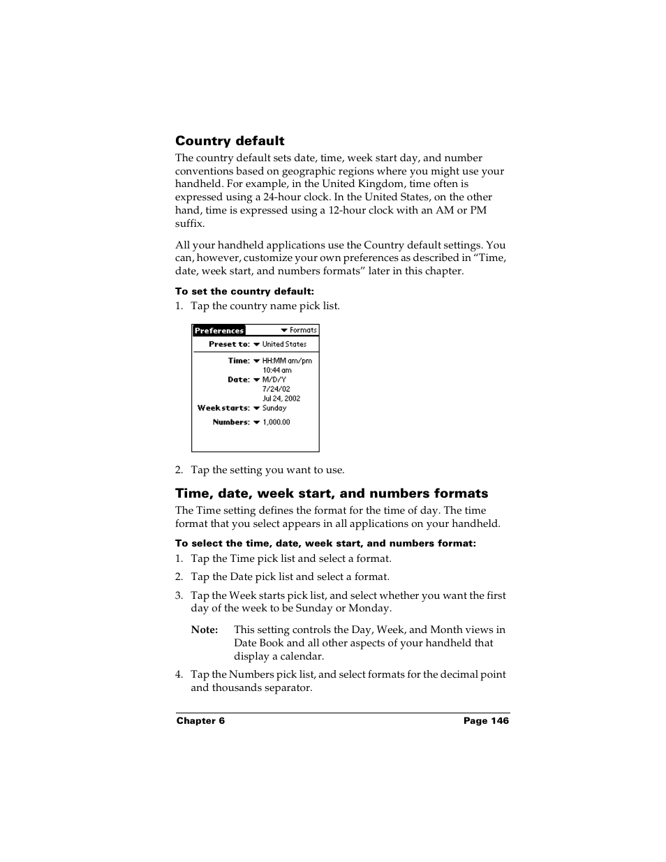 Country default, To set the country default, Time, date, week start, and numbers formats | Palm m100 User Manual | Page 152 / 212