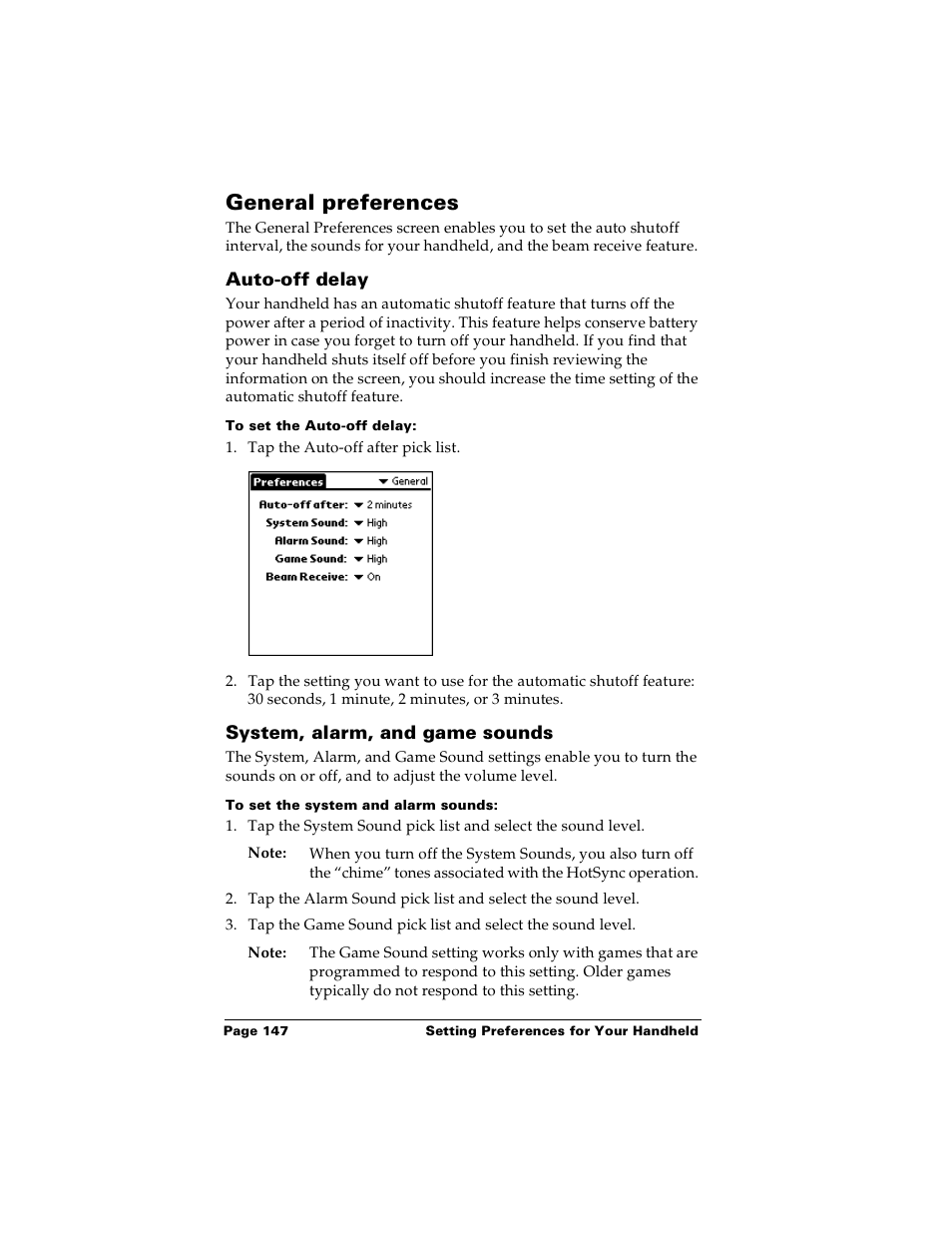 General preferences, Auto-off delay, To set the auto-off delay | System, alarm, and game sounds, To set the system and alarm sounds, Auto-off delay system, alarm, and game sounds | Palm m100 User Manual | Page 153 / 212