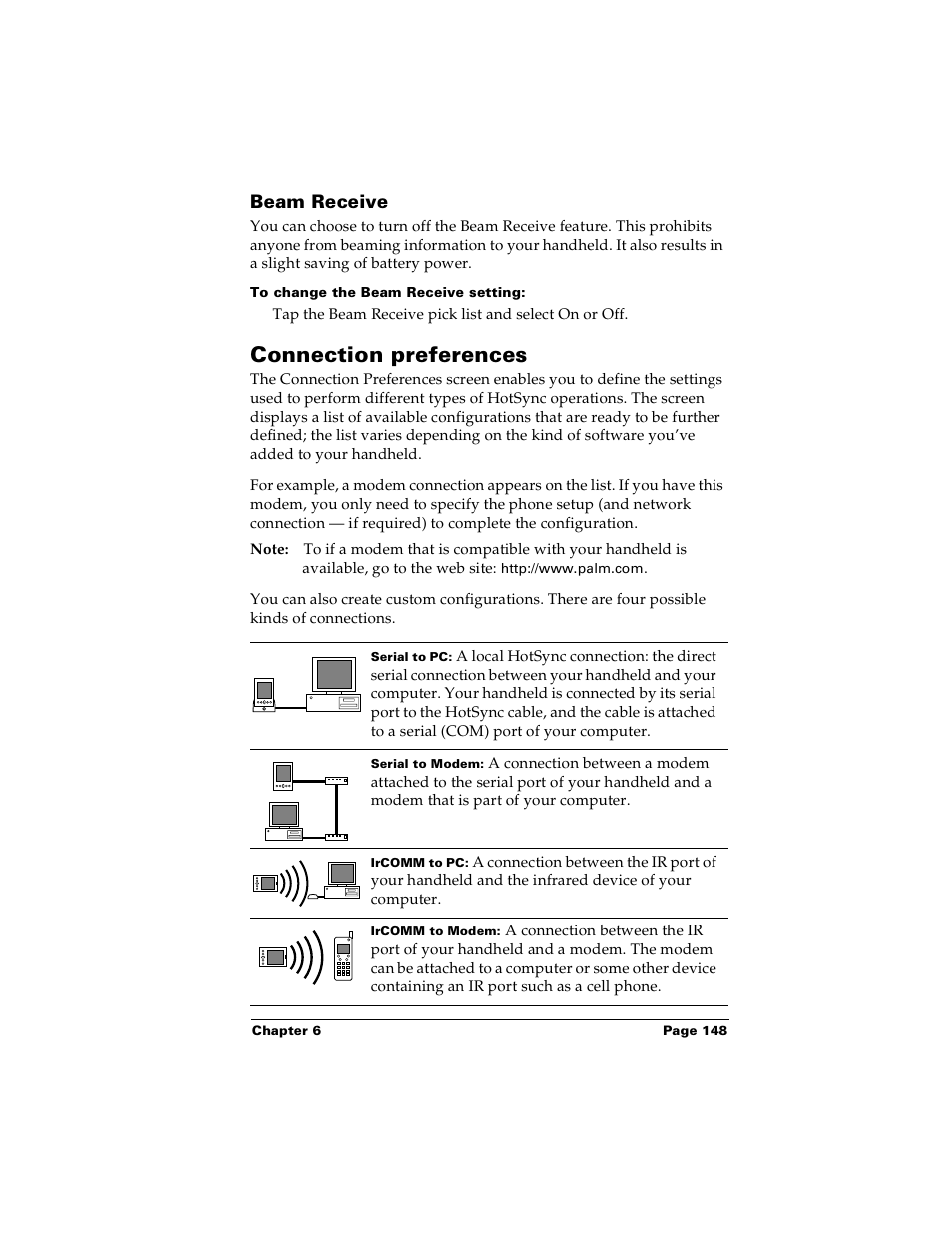 Beam receive, To change the beam receive setting, Connection preferences | Palm m100 User Manual | Page 154 / 212