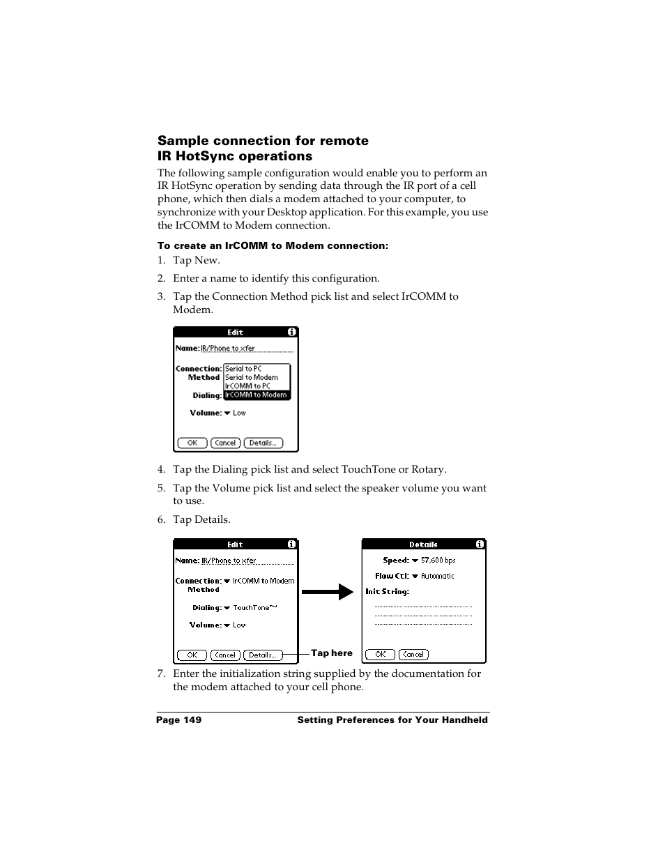 Sample connection for remote ir hotsync operations, To create an ircomm to modem connection | Palm m100 User Manual | Page 155 / 212