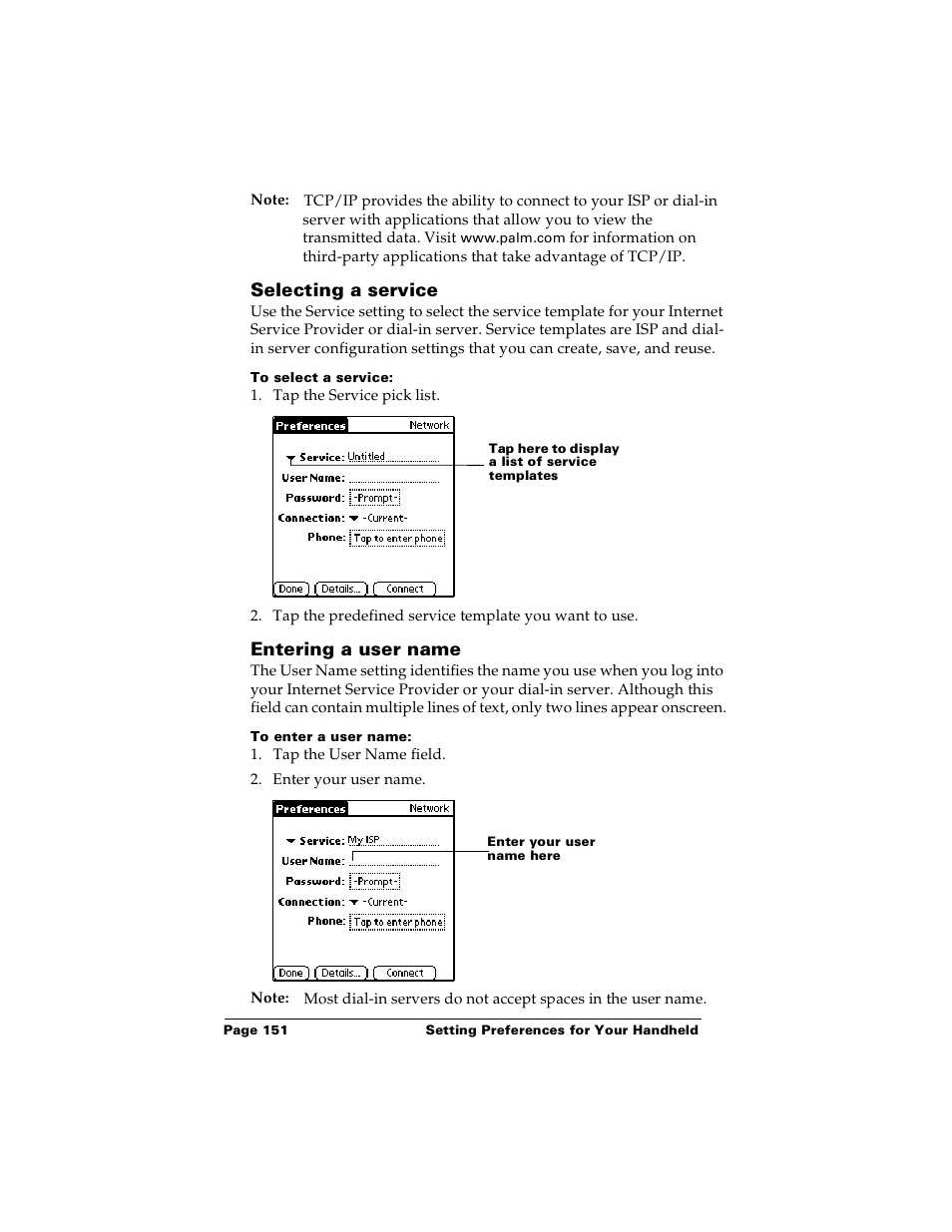 Selecting a service, To select a service, Entering a user name | To enter a user name, Ndex | Palm m100 User Manual | Page 157 / 212