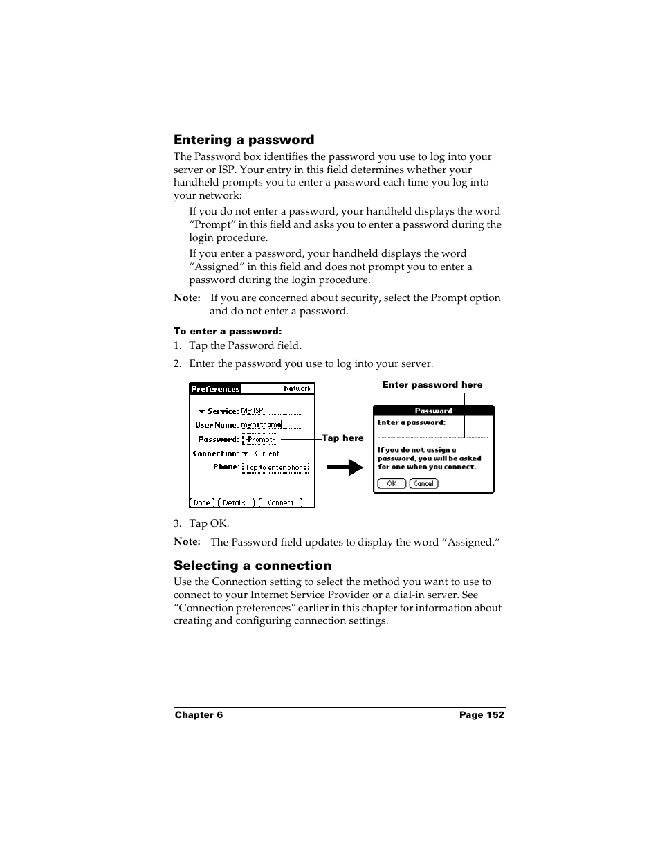 Entering a password, To enter a password, Selecting a connection | Entering a password selecting a connection | Palm m100 User Manual | Page 158 / 212