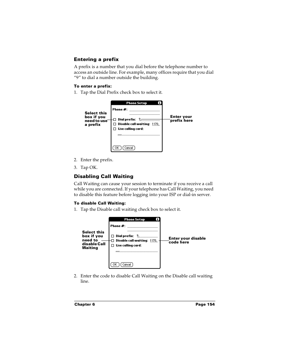 Entering a prefix, To enter a prefix, Disabling call waiting | To disable call waiting | Palm m100 User Manual | Page 160 / 212