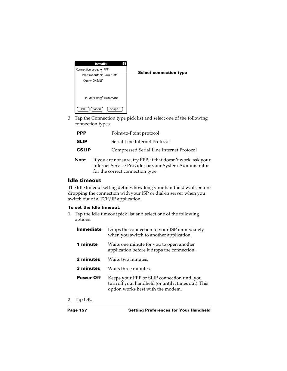 Idle timeout, To set the idle timeout | Palm m100 User Manual | Page 163 / 212