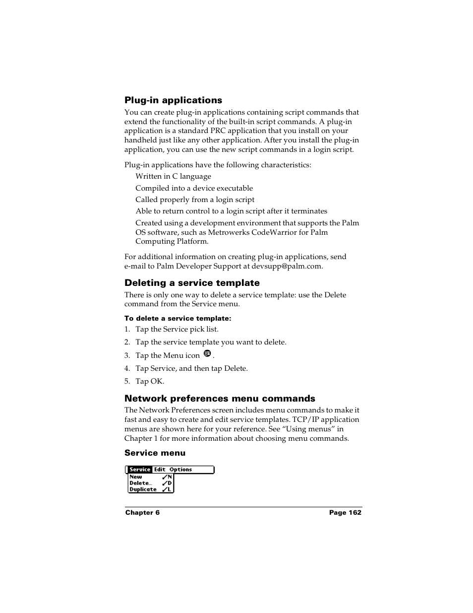 Plug-in applications, Deleting a service template, To delete a service template | Network preferences menu commands, Service menu | Palm m100 User Manual | Page 168 / 212